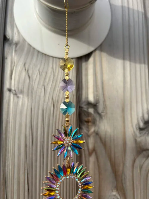 Attrape-Soleil Fleur & Anneau Solaire Multicolores, Cristaux Chakras