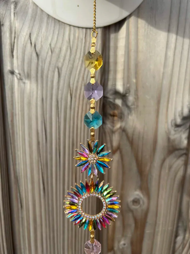 Attrape-Soleil Fleur & Anneau Solaire Multicolores, Cristaux Chakras