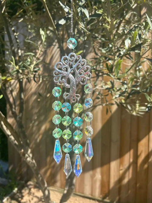 Attrape-Soleil Arbre de Vie Argenté, Cristaux Verts Irisés & Larmes de Cristal
