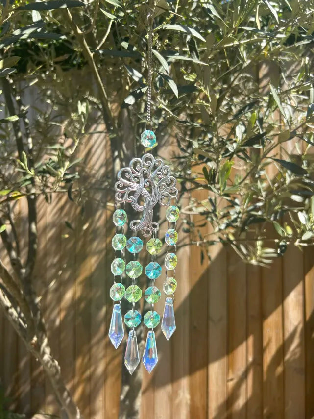 Attrape-Soleil Arbre de Vie Argenté, Cristaux Verts Irisés & Larmes de Cristal