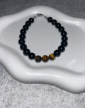 Bracelet Agate Noire & Œil de Tigre Fil Rigide