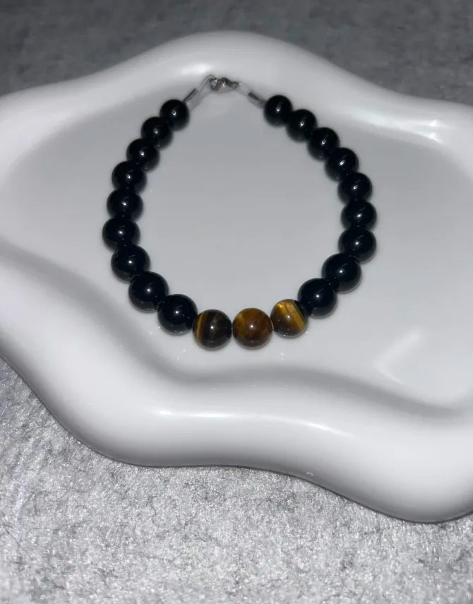 Bracelet Agate Noire & Œil de Tigre Fil Rigide