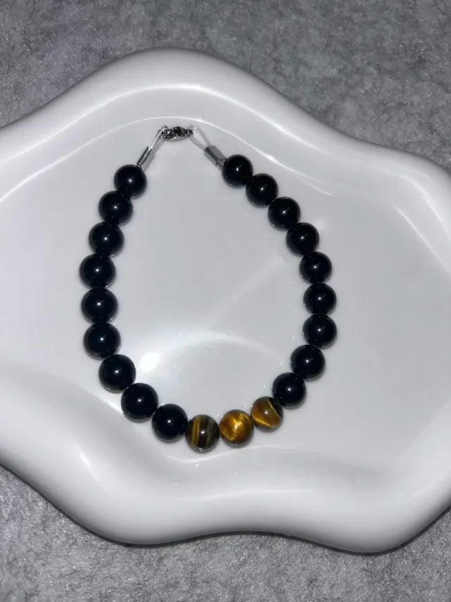 Bracelet Agate Noire & Œil de Tigre Fil Rigide