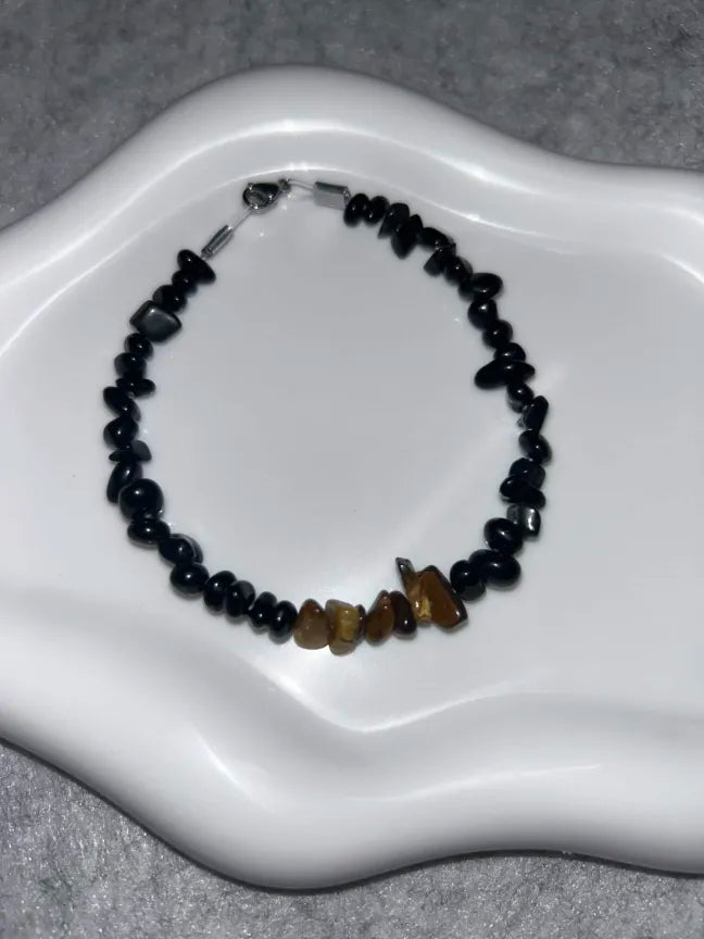 Bracelet Chips Agate Noire & Œil de Tigre Fil Rigide