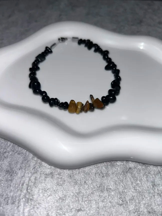 Bracelet Chips Agate Noire & Œil de Tigre Fil Rigide