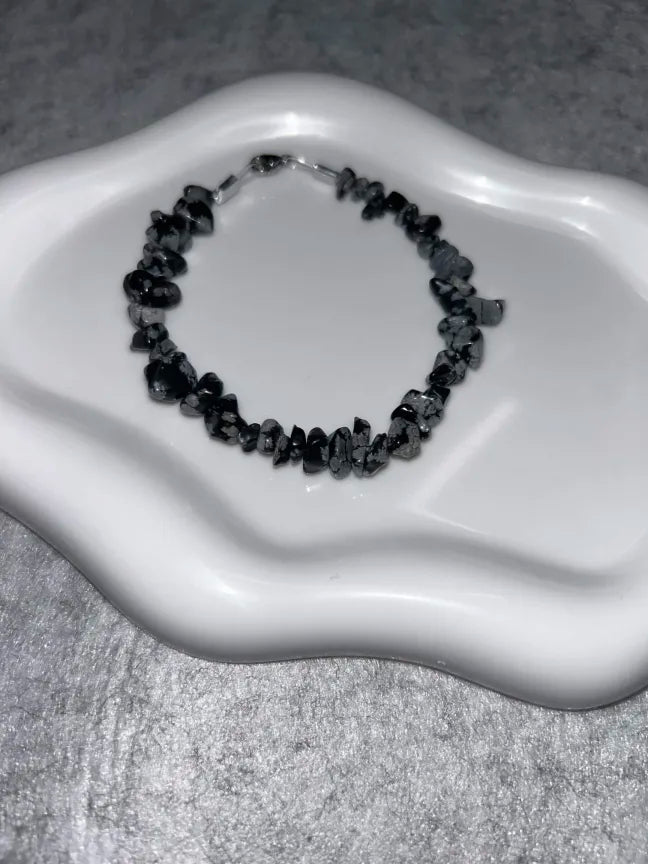 Bracelet Obsidienne Flocon de Neige Fil Rigide