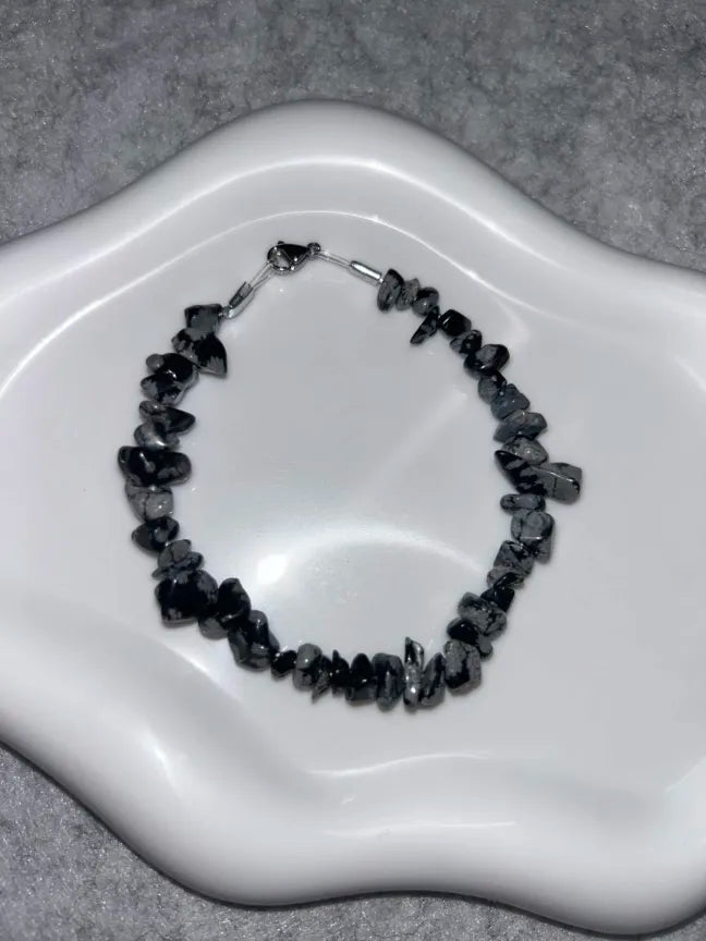 Bracelet Obsidienne Flocon de Neige Fil Rigide