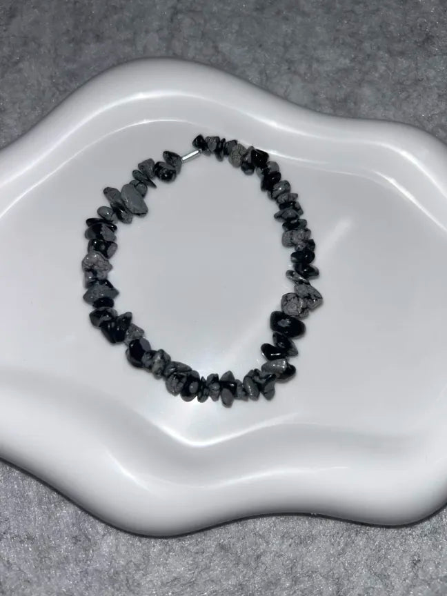 Bracelet Obsidienne Flocon de Neige Fil Élastique