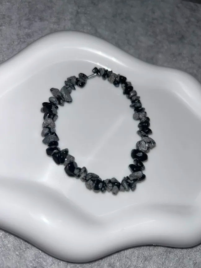 Bracelet Obsidienne Flocon de Neige Fil Élastique