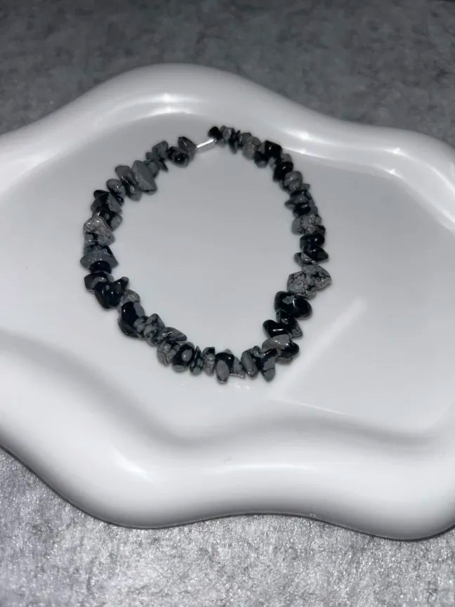 Bracelet Obsidienne Flocon de Neige Fil Élastique