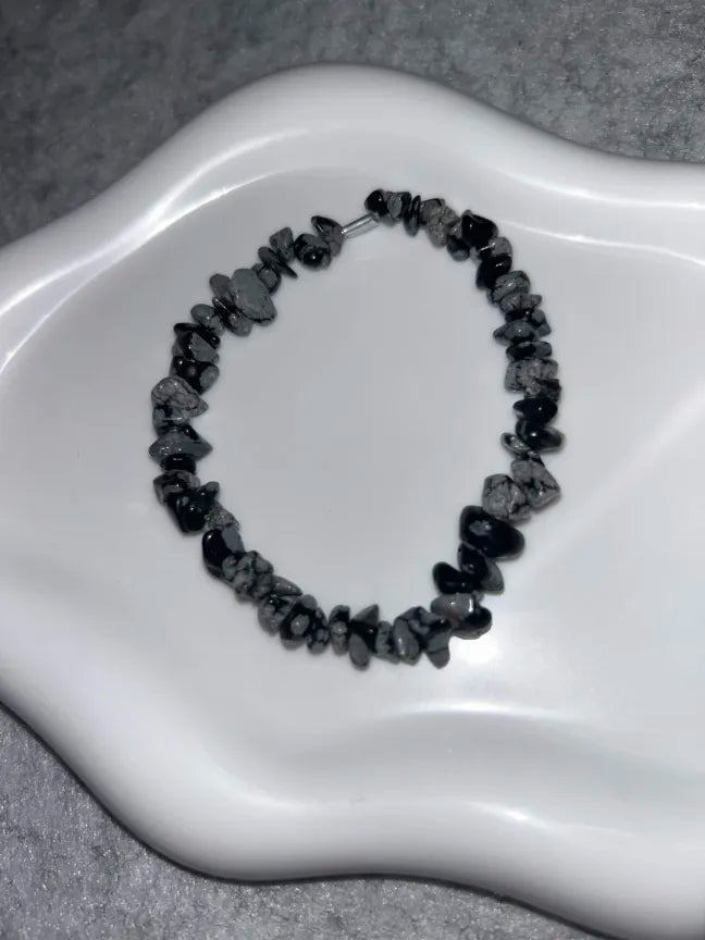 Bracelet Obsidienne Flocon de Neige Fil Élastique