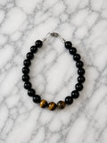 Bracelet Agate Noire & Œil de Tigre Fil Rigide