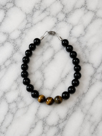 Bracelet Agate Noire & Œil de Tigre Fil Rigide