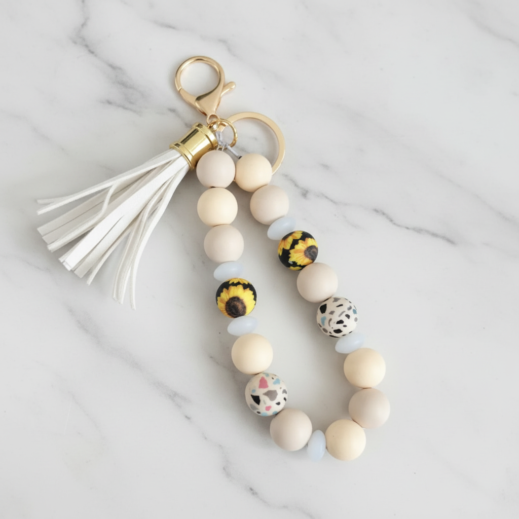 Porte-clés bracelet silicone tournesol fond marbré - vue 4