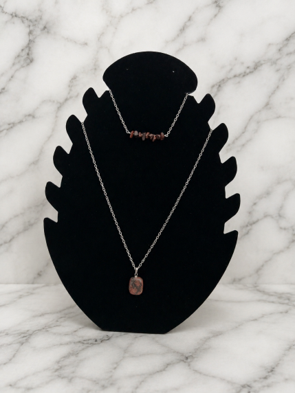Collier parure jaspe bréchique acier inoxydable