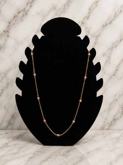 Collier perles d'agate rose chaîne acier inoxydable doré