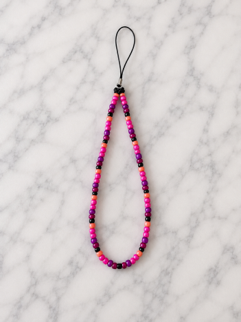 Cordon téléphone perles rose fuchsia violet et noir