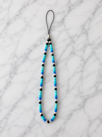 Cordon téléphone perles bleu turquoise noir et argenté