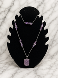 Parure améthyste collier pendentif brut et bracelet chips acier inoxydable
