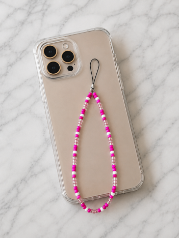 Cordon téléphone petites perles fuchsia blanc cristal sur smartphone