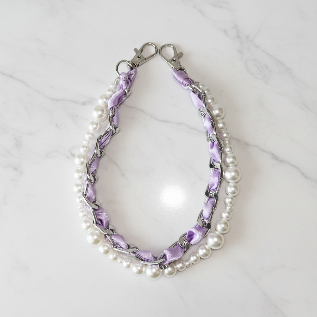Anse de sac perles nacrées ruban lilas - fond marbré vue 3