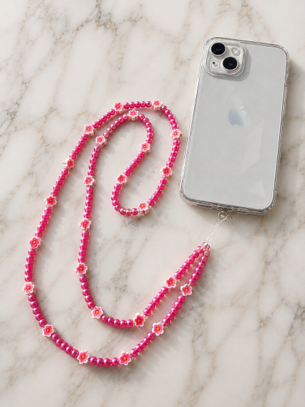 Lanière téléphone rosé fleurs grande taille fait main