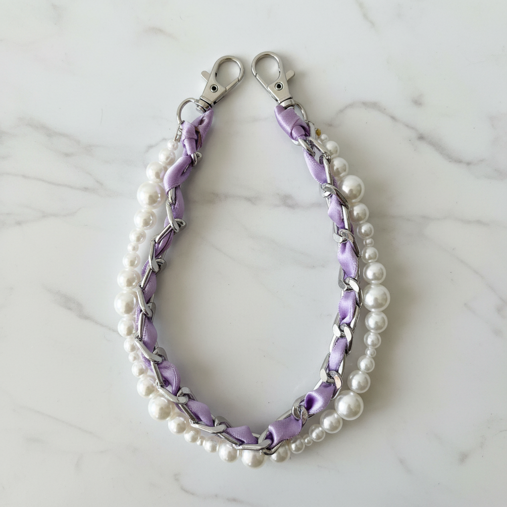 Anse de sac perles nacrées ruban lilas - fond marbré vue 2