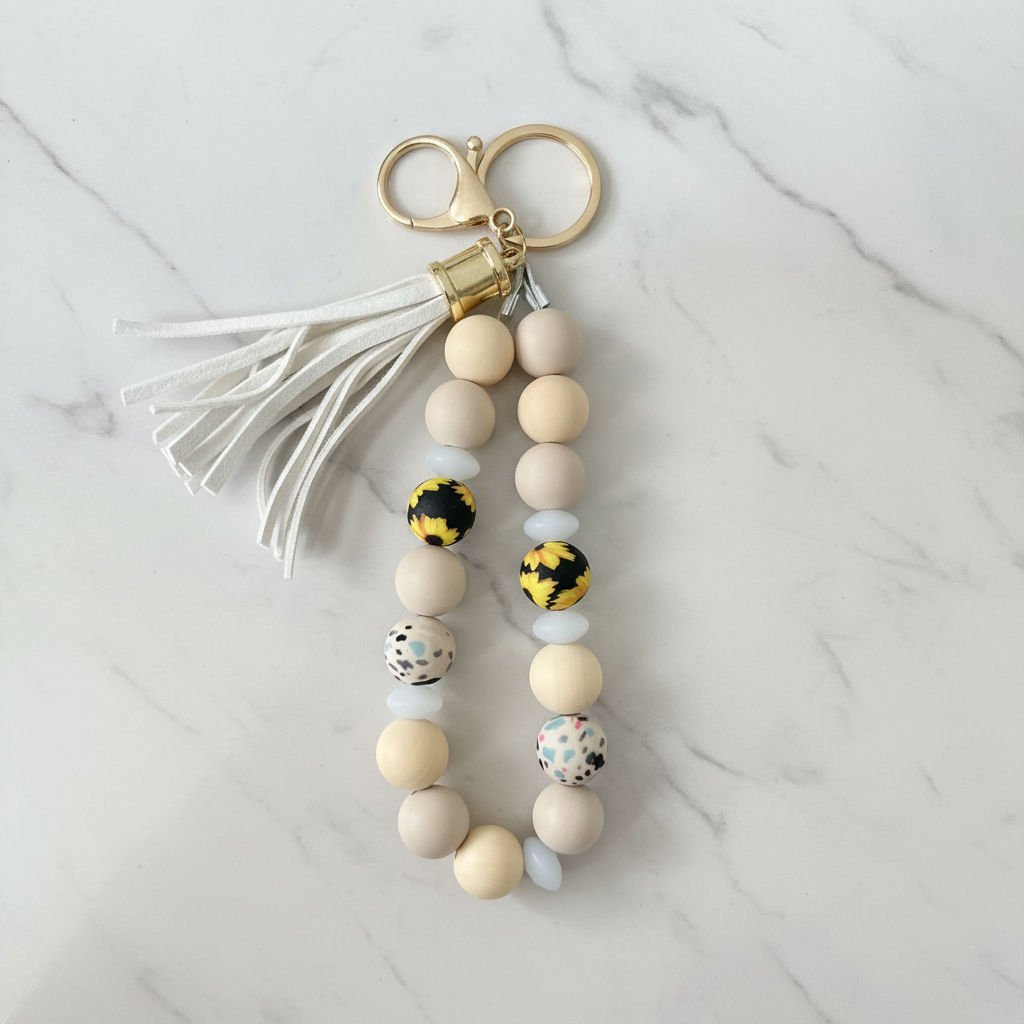 Porte-clés bracelet silicone tournesol fond marbré - vue 3