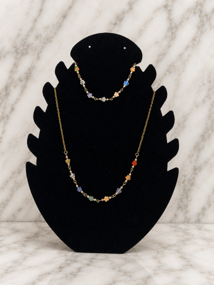 Parure pierres naturelles multicolores collier et bracelet acier inoxydable doré