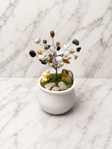 Arbre en Pierres Naturelles – vue de face avec cailloux et champignons