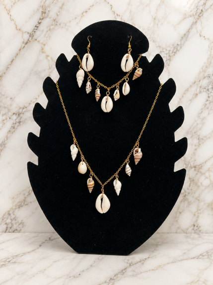 Parures Coquillages – collier, bracelet et boucles d'oreilles coquillages naturels dorés