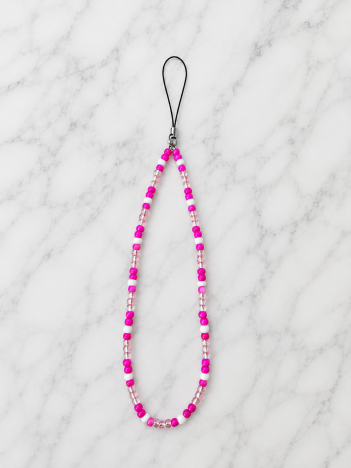 Cordon téléphone petites perles fuchsia blanc et cristal