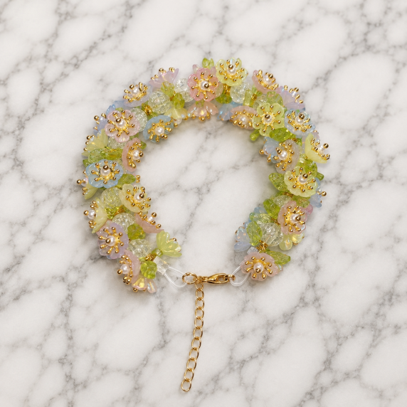 Bracelet Fleurs Multicolore Vert Rose Bleu Doré