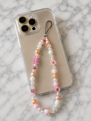 Cordon téléphone perles rose pastel sur smartphone