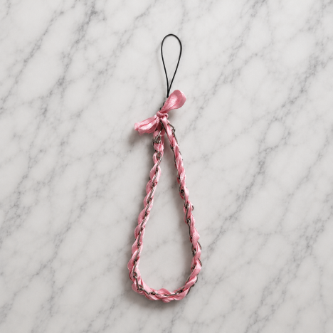 Dragonne Téléphone Tressée Rose et Blanc Nœud Satin