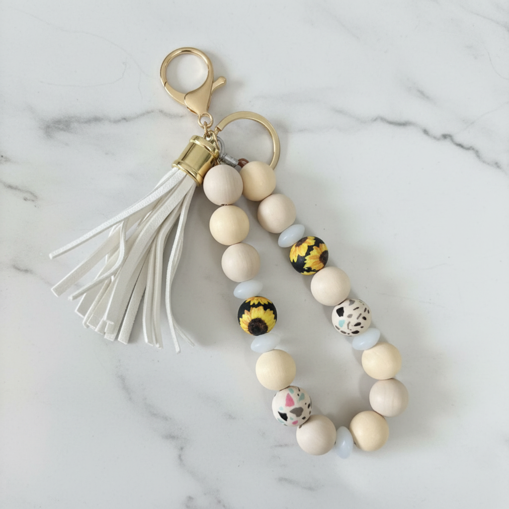 Porte-clés bracelet silicone tournesol fond marbré - vue 2