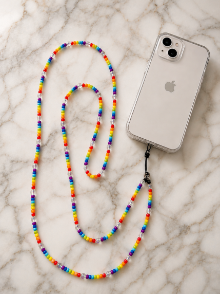 Lanière téléphone perles arc-en-ciel grande taille fait main