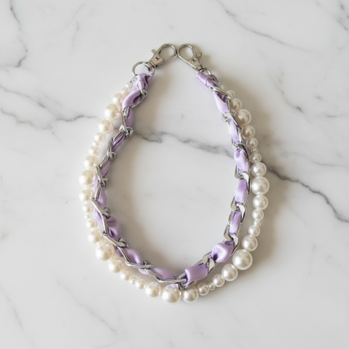 Anse de sac perles nacrées ruban lilas - fond marbré vue 1