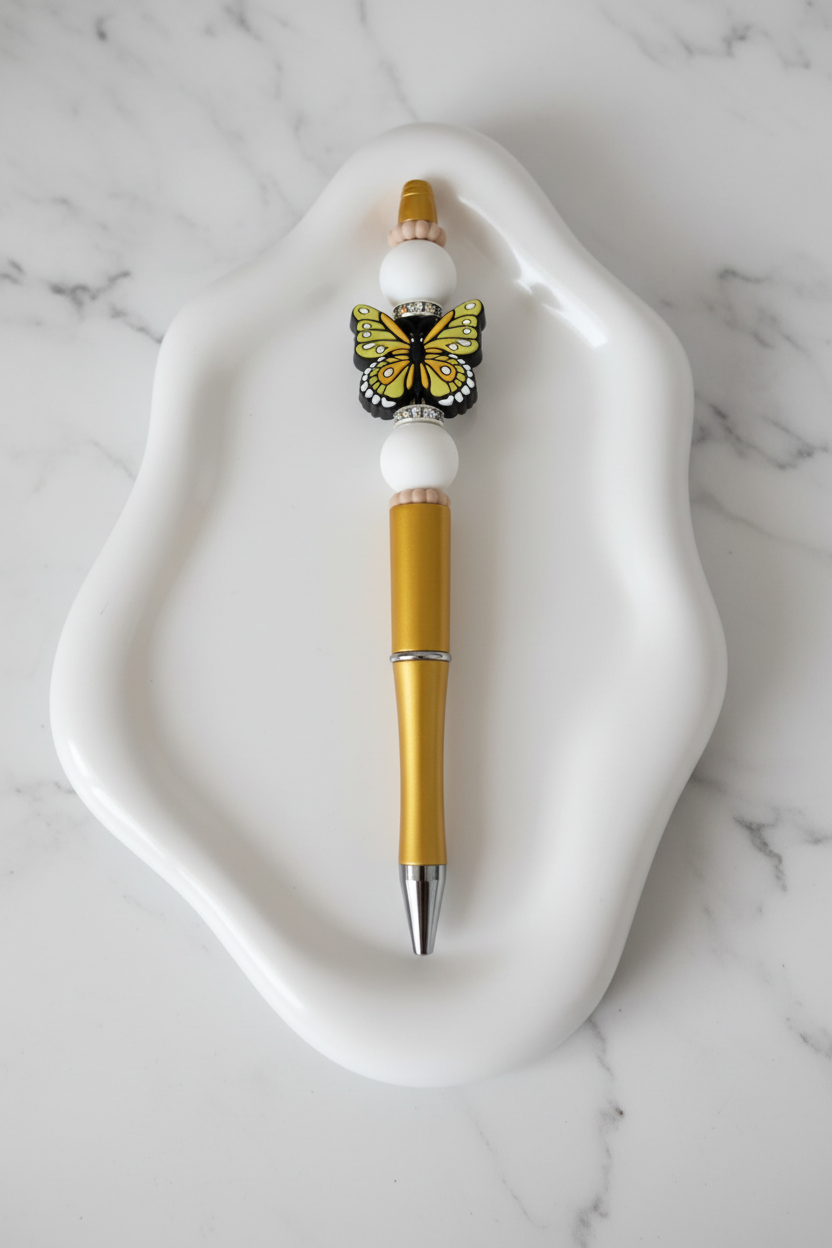 Stylo Personnalisé Papillon Jaune fond marbré